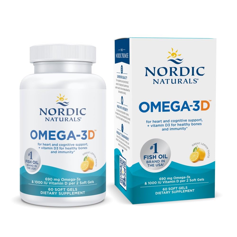 Nordic Naturals Omega-3D lemon soft gels in bottle supporting heart and brain health.
