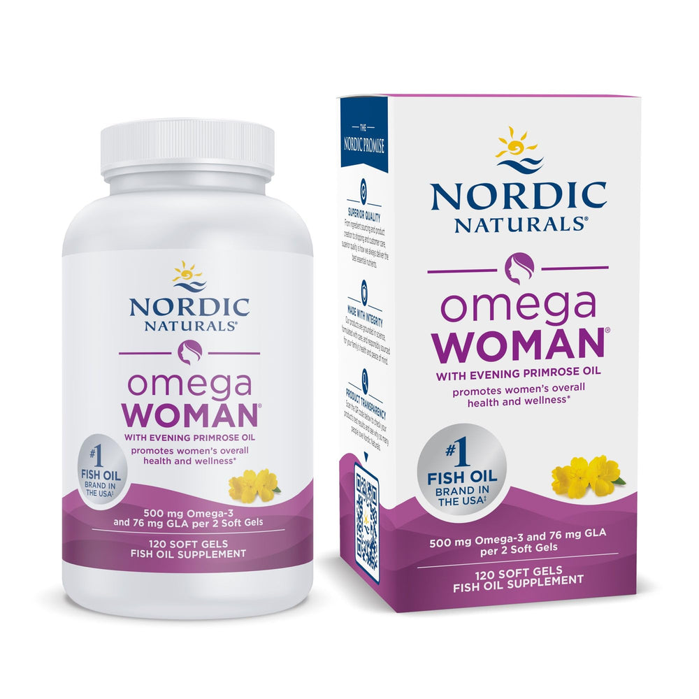 Nordic Naturals Omega Woman lemon bottle showcases bright flavor and skin-supporting omega-3 benefits.