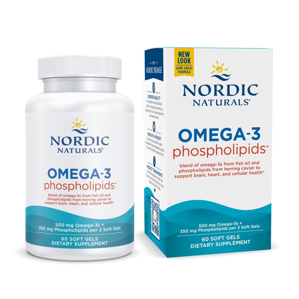 Nordic Naturals Omega-3 Phospholipids bottle showing unflavored soft gels for heart and brain health
