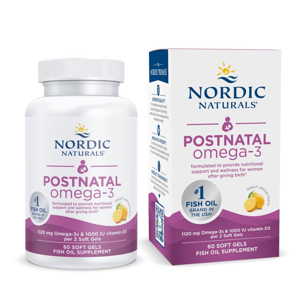 Nordic Naturals Postnatal Omega-3 lemon bottle for easy daily omega-3 support.