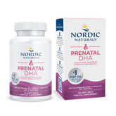 Nordic Naturals Prenatal DHA bottle on counter; potential support for fetal brain development during pregnancy.