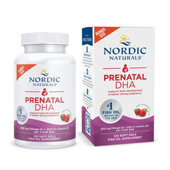 Nordic Naturals Prenatal DHA strawberry bottle for convenient prenatal omega-3 intake with potential brain support.