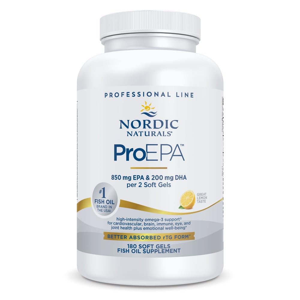 Nordic Naturals ProEPA Lemon softgels bottle supports heart health and mood.