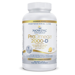 Nordic Naturals ProOmega 2000-D lemon bottle on kitchen counter for daily omega-3 support.