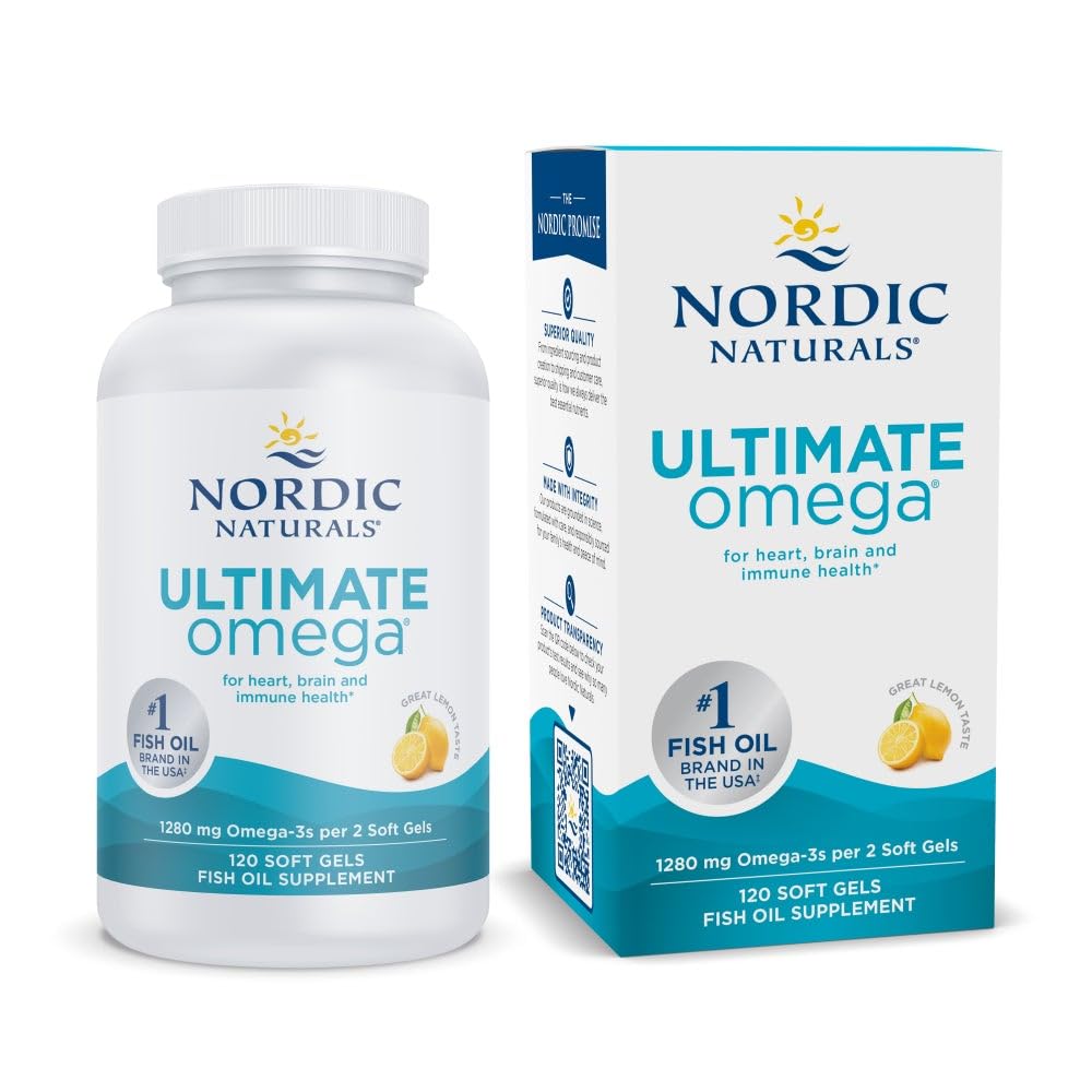 Nordic Naturals Ultimate Omega lemon bottle on a clean counter, suggesting a heart and brain health routine.