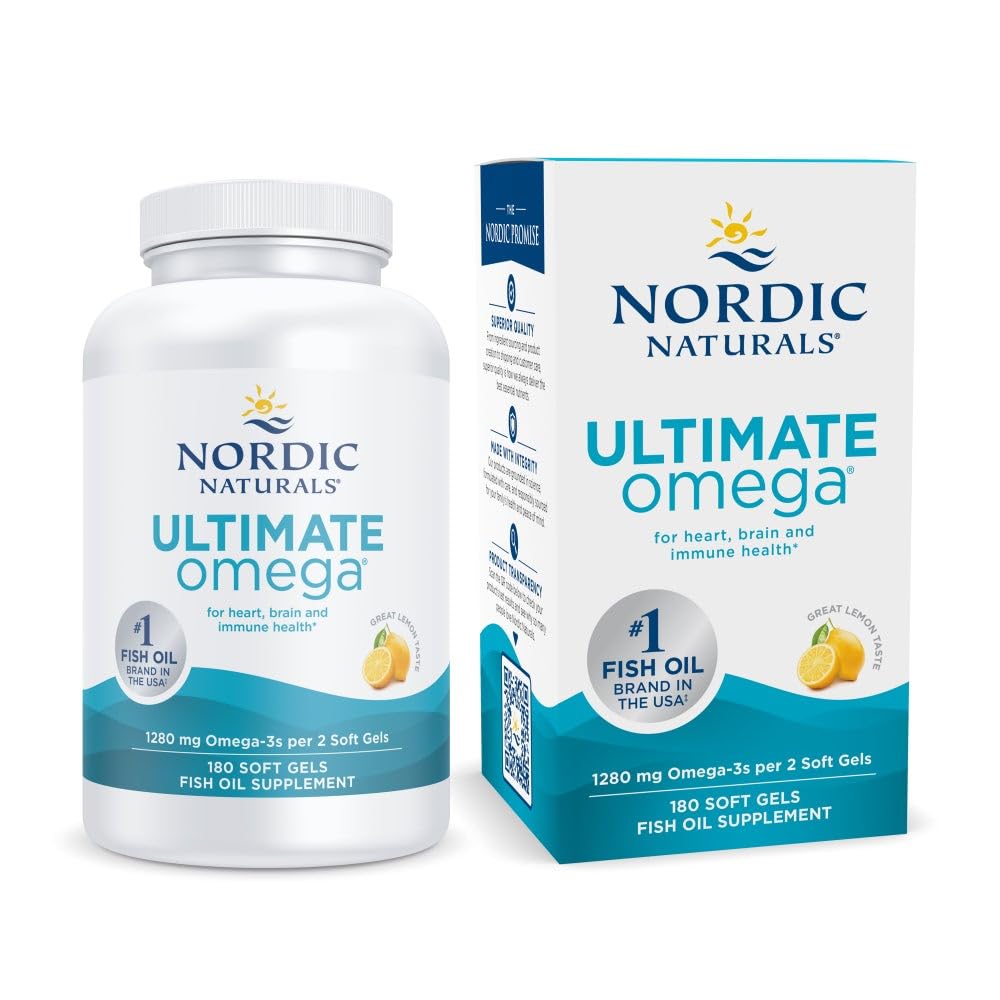 Nordic Naturals Ultimate Omega lemon bottle on kitchen counter for daily supplement routine.