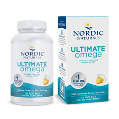 Nordic Naturals Ultimate Omega lemon bottle on a clean counter, suggesting a heart and brain health routine.