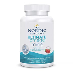 Nordic Naturals Ultimate Omega Minis label details highlight non-GMO and gluten- and dairy-free purity.