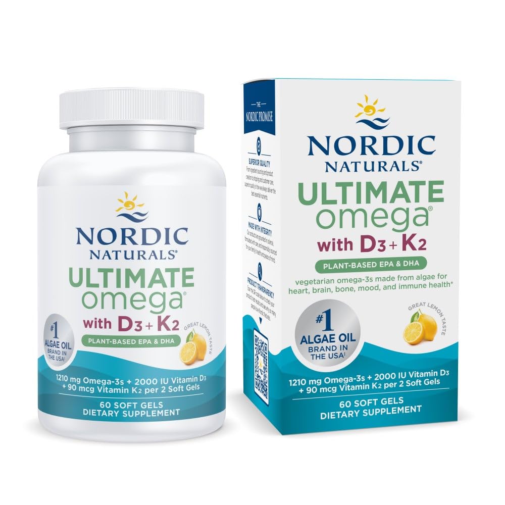 Nordic Naturals Ultimate Omega Plant-Based bottle front shows label with algae omega-3 benefits