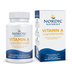 Nordic Naturals Vitamin A + Carotenoids bottle front showing easy-to-swallow soft gels for daily antioxidant support.
