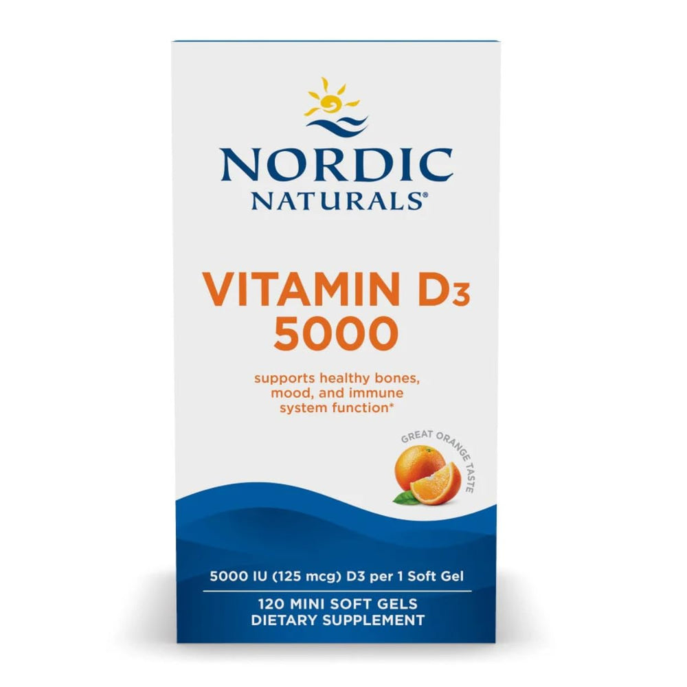 Nordic Naturals Vitamin D3 5000 orange mini soft gels pour for daily bone support