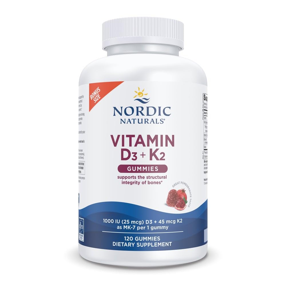 Nordic Naturals Vitamin D3 + K2 Gummies bottle with pomegranate flavor supports bone health.