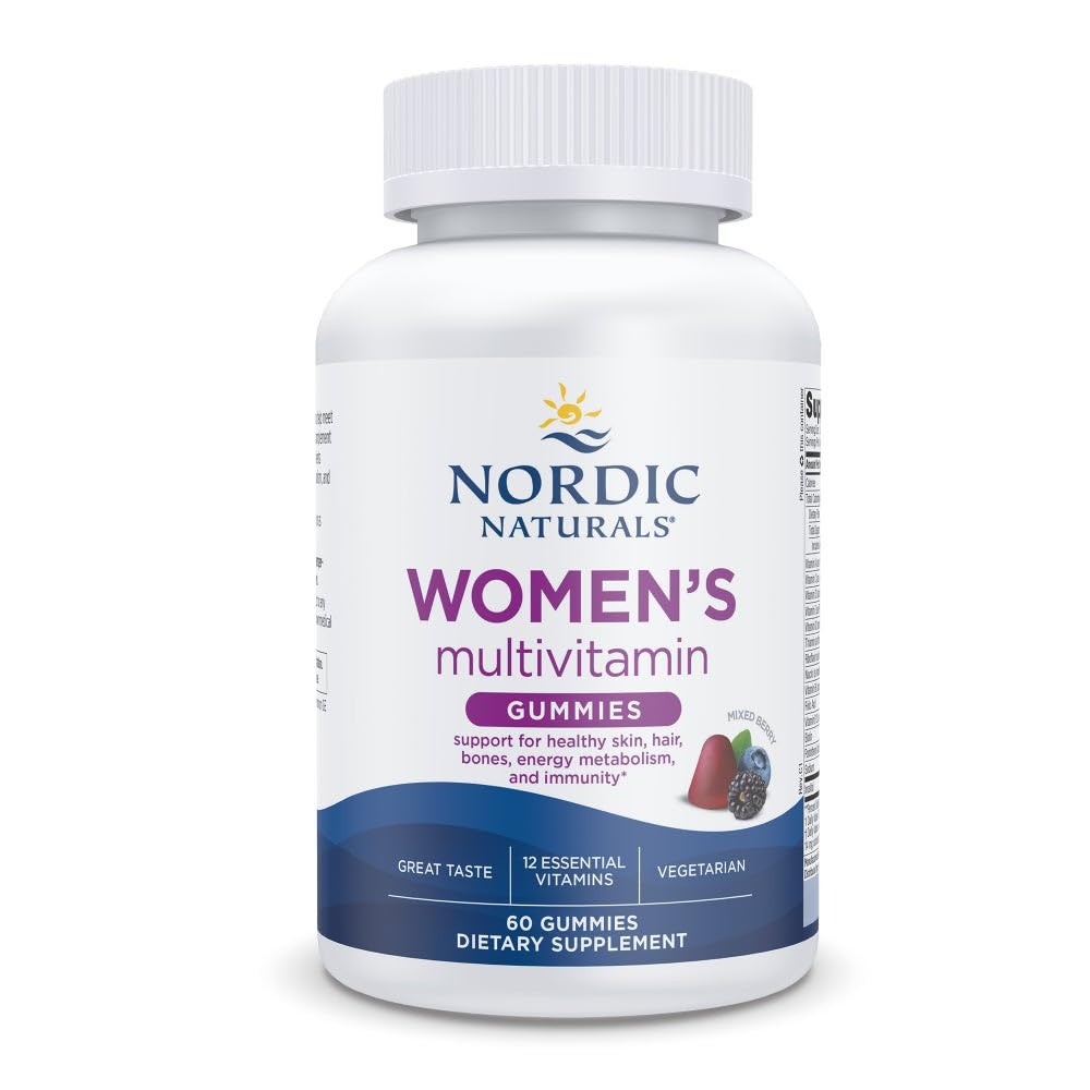 Nordic Naturals Women's Multivitamin Gummies bottle front highlights mixed berry flavor for daily wellness.