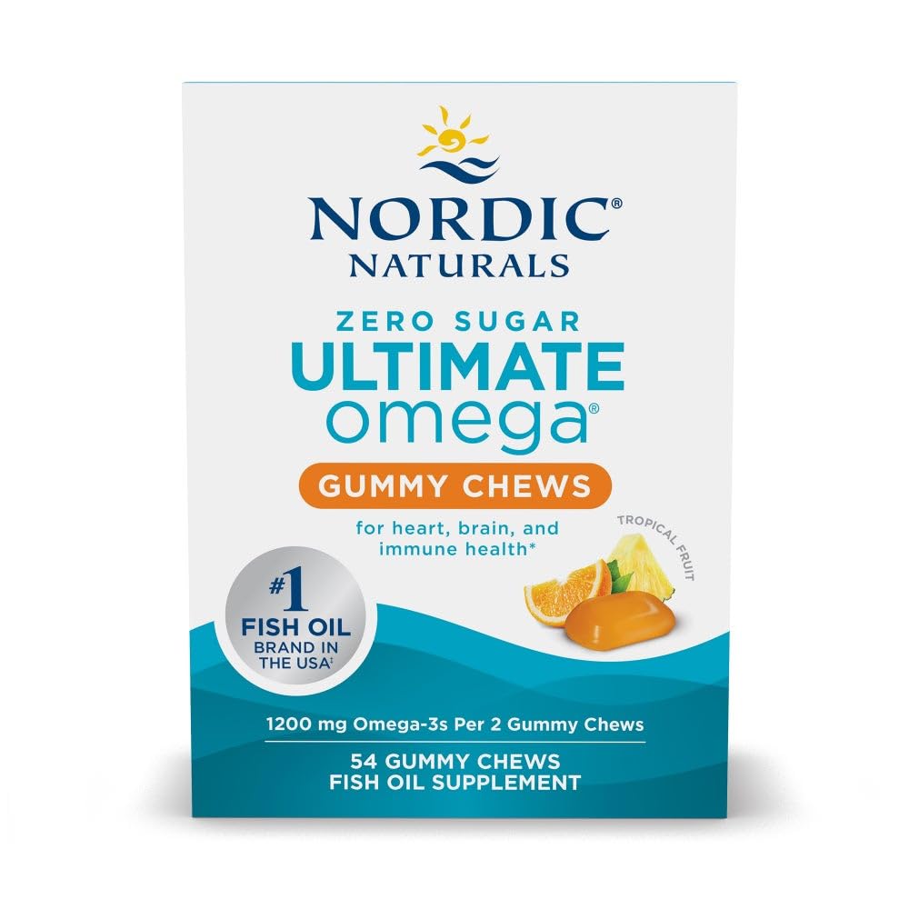 Nordic Naturals Zero Sugar Ultimate Omega Gummy Chews tropical fruit bottle front for convenient omega-3 intake