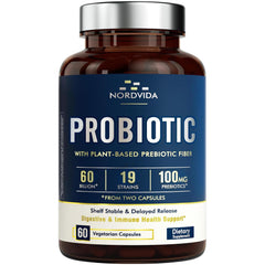 NordVida Probiotic 60Billion bottle shows 19 strains supporting digestive balance