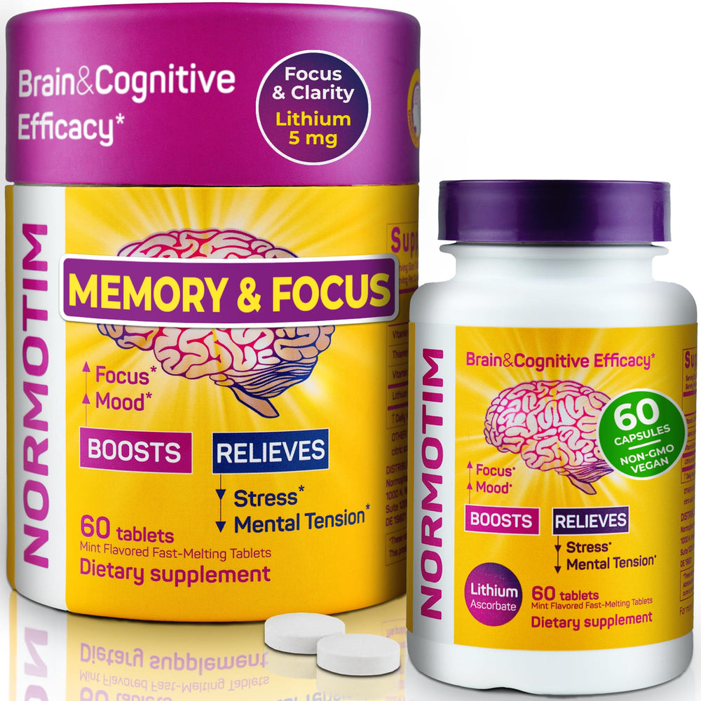 Normotim brain supplement bottle showing non stimulant memory and focus support