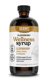 Norm's Farms Wellness Elderberry Syrup bottle front view highlighting immune support and clean ingredients.
