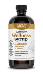 Norm's Farms Wellness Elderberry Syrup bottle front view highlighting immune support and clean ingredients.