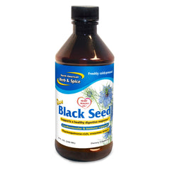 North American Herb & Spice black seed oil bottle for daily use and potential digestive support.