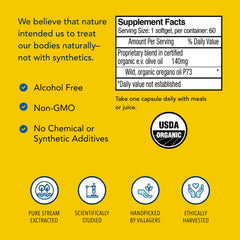 Ingredients panel showing oregano oil and olive oil base, non-GMO
