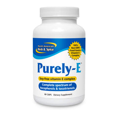 North American Herb & Spice Purely-E bottle shows whole-food vitamin E complex for beauty support.
