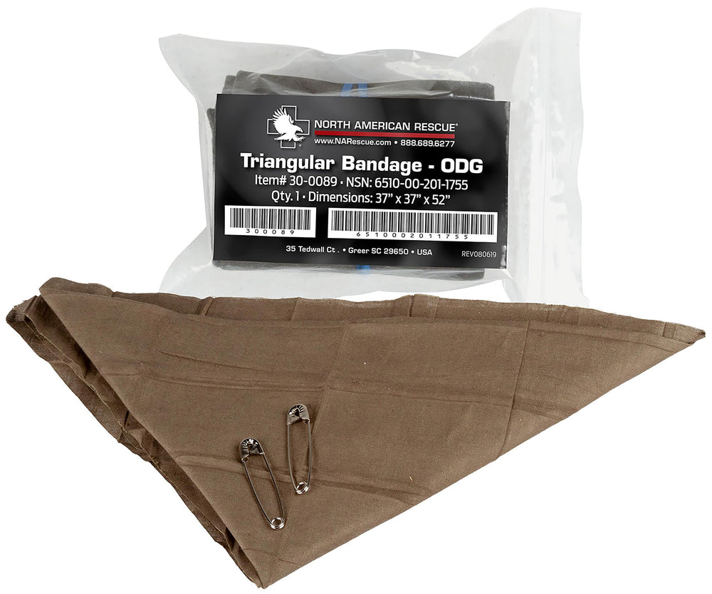 North American Rescue vendaje triangular de algodón para uso rápido y cómodo.