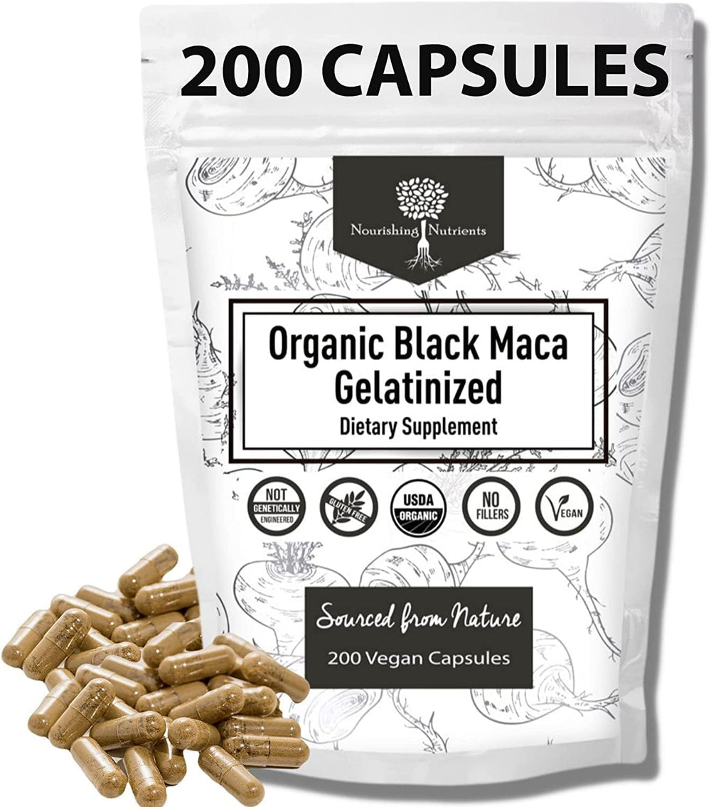 Nourishing Nutrients Organic Gelatinized Black Maca bottle highlighting easy energy support.