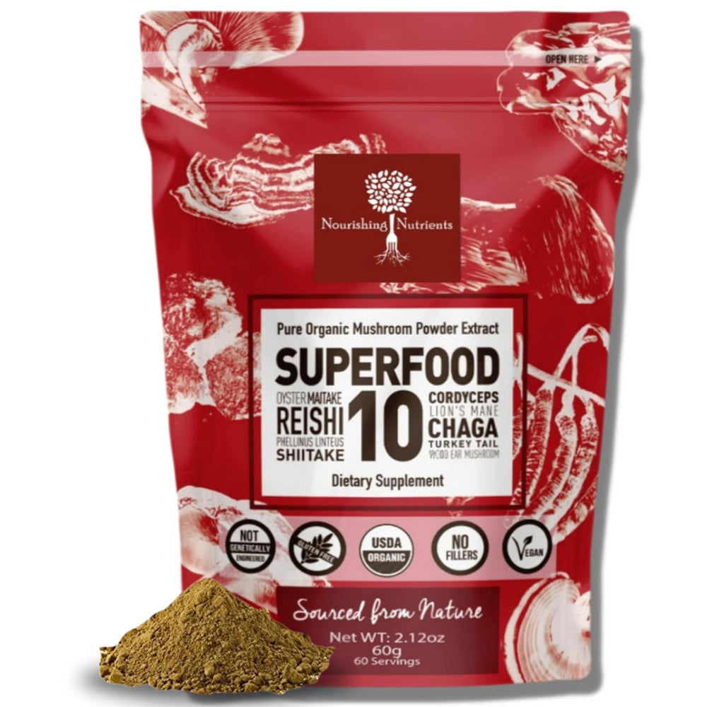 Nourishing Nutrients organic mushroom powder extract 60g pack for easy daily energy support.