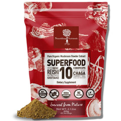 Nourishing Nutrients organic mushroom powder extract 60g pack for easy daily energy support.