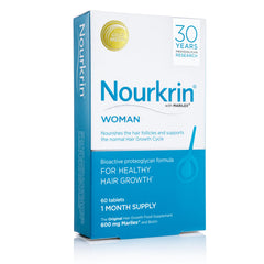 Nourkrin Woman bottle being poured to illustrate simple daily intake.