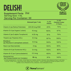 NovaFerrum Delish label front highlights vegan, gluten-free goodness.