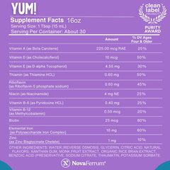 NovaFerrum Yum raspberry flavor label highlights natural flavors for kids.