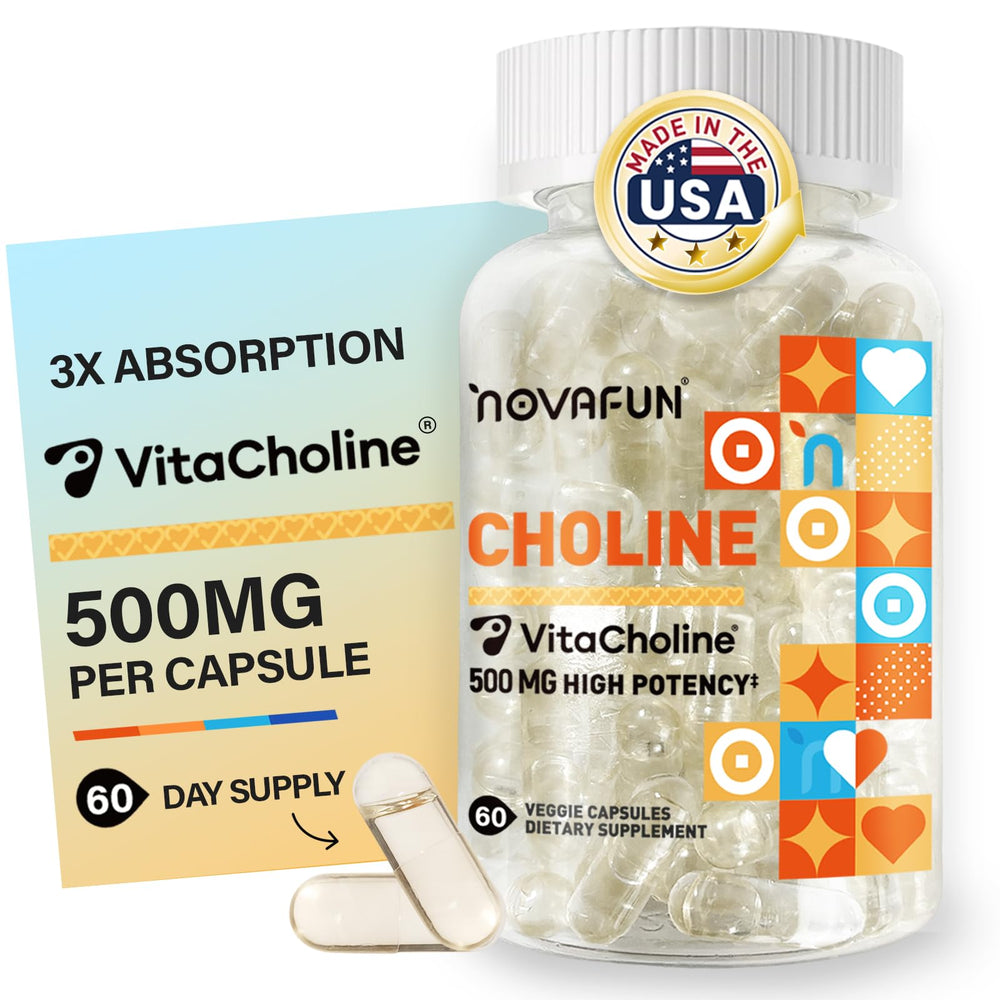 Novafun Choline 500mg bottle - daily capsules for potential cognitive support and focus.