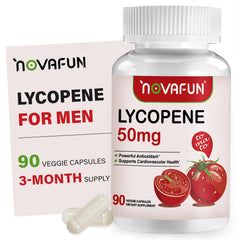 Novafun Lycopene 50mg capsules in bottle, supports heart health and healthy aging.
