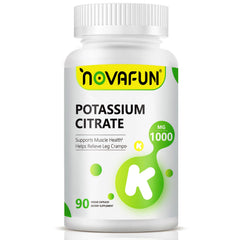 Novafun Potassium Citrate 1000mg bottle promotes balanced electrolytes.