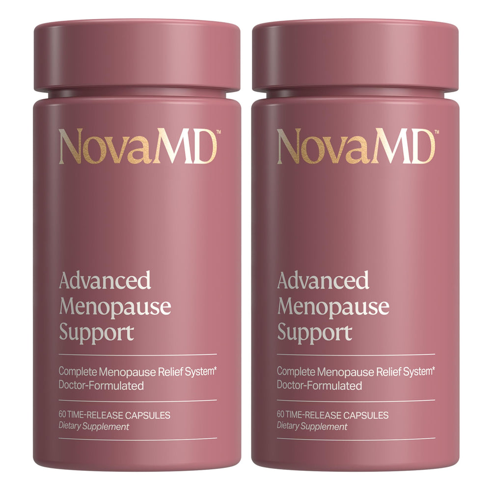 NOVAMD Clinically Proven Menopause Supplement bottle front shows product design and benefits.