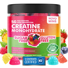 novomins creatine monohydrate gummies bottle front highlighting vegan formula for energy support