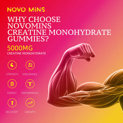novomins creatine monohydrate gummies serving-size label notes four gummies per serving