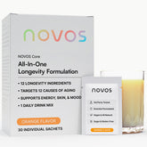 NOVOS Core Longevity Mix orange sachet closeup for daily wellness support.