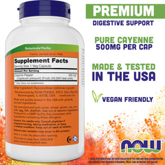 NOW Foods Cayenne 500 mg label highlights strength for potential cardiovascular and digestive balance.