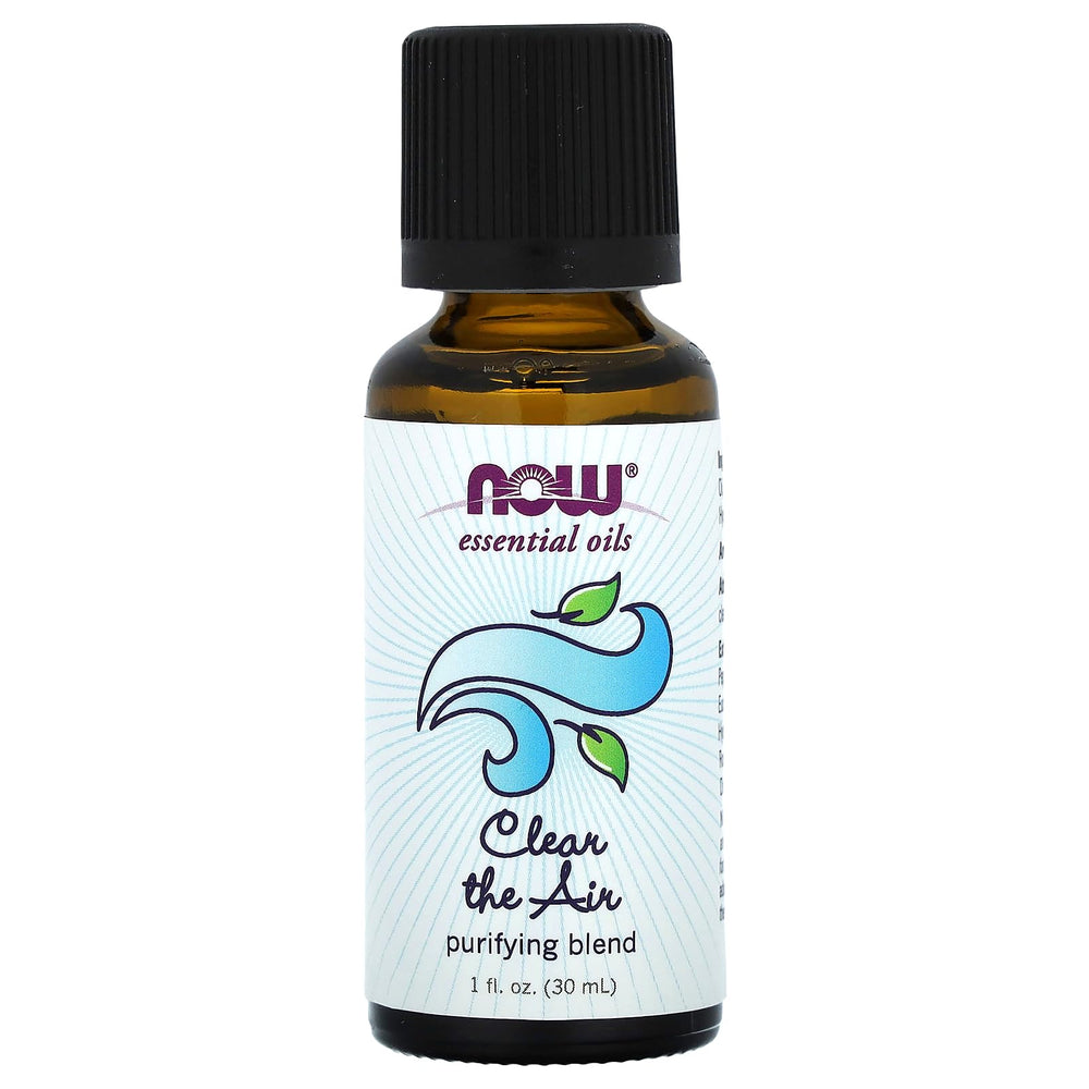 NOW Clear The Air bottle pour, compact 1-ounce bottle for easy aromatherapy.