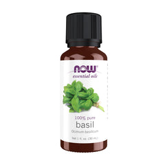 NOW Basil essential oil bottle 1oz for uplifting aromatherapy in any room.