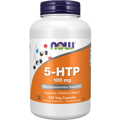 NOW Foods 5-HTP 100 mg bottle front view, suggesting mood support and relaxation potential.