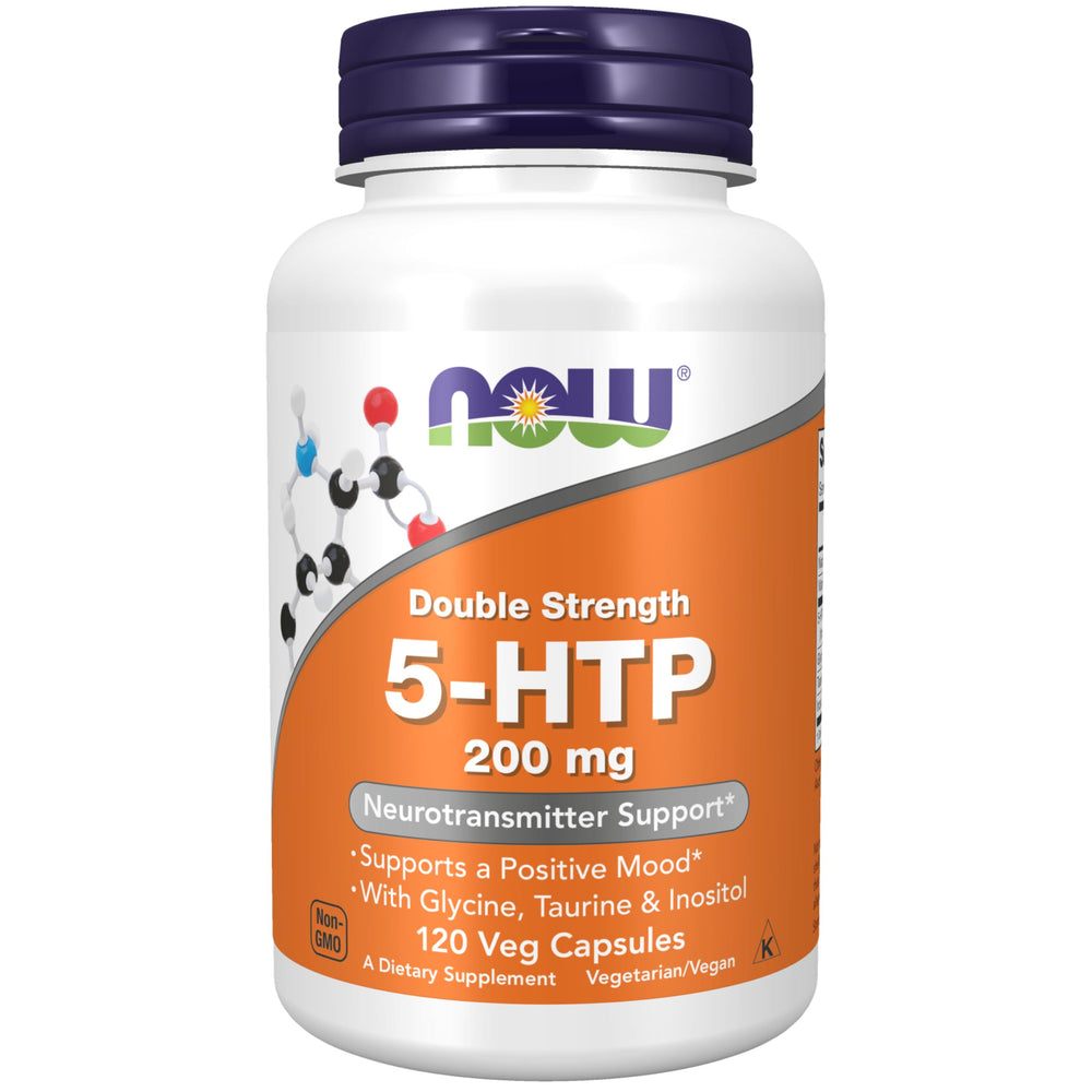 NOW Foods 5-HTP bottle front showing 200 mg per capsule for mood support potential.