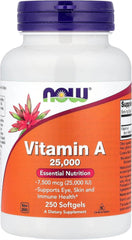 NOW Foods A 25,000 IU softgel bottle supports eye health and immune function.