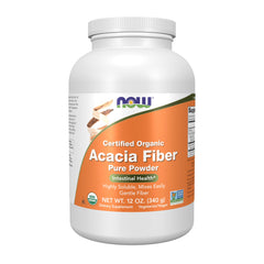 NOW Foods Acacia Powder in a 12oz tin showing organic, soluble fiber for daily use.