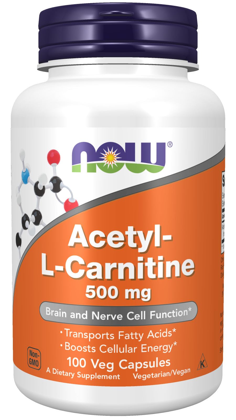 Now Foods Acetyl L-Carnitine 500 mg bottle; supports daily energy and focus.