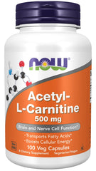 Now Foods Acetyl L-Carnitine 500 mg bottle; supports daily energy and focus.