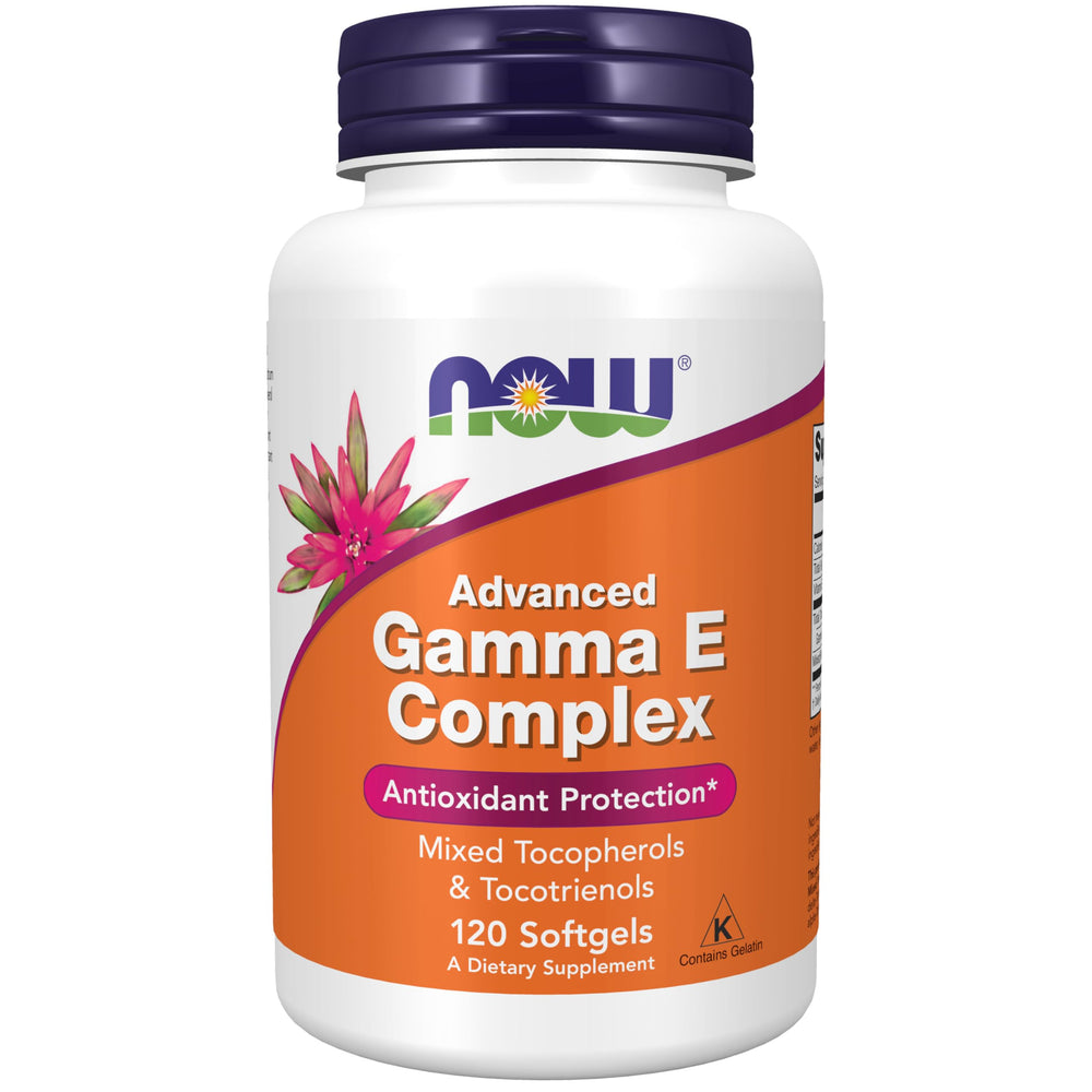 NOW Foods Advanced Gamma E Complex bottle label with full-spectrum vitamin E for antioxidant support