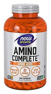NOW Foods Amino Complete bottle label shows balanced amino acids for daily muscle support.